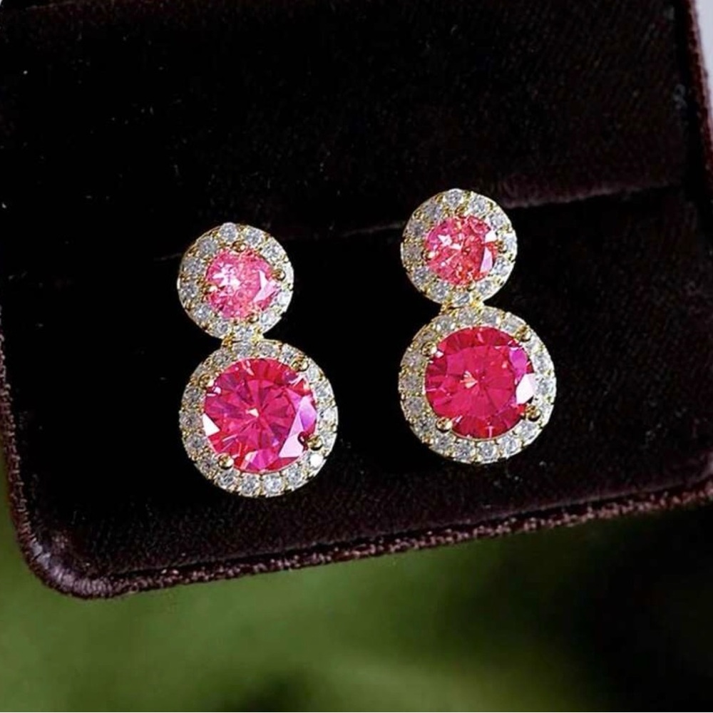 Elegant Pink and Gold Double Halo Earrings